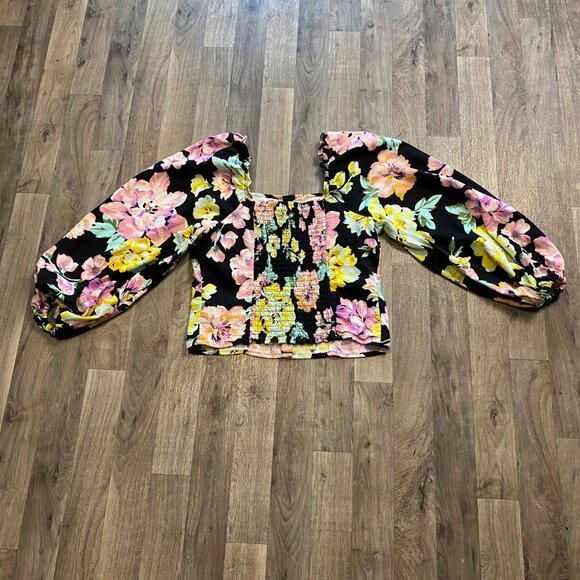 Who What Wear Floral Long Sleeve Cropped Peasant Blouse Size Medium Linen Blend - Picture 3 of 9